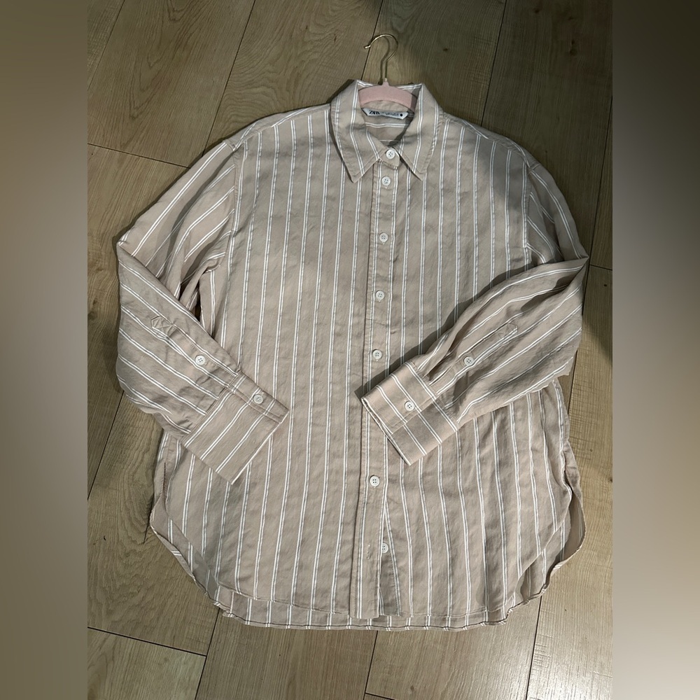 Zara size small stripe button up Beige Striped Shirt size small (oversized)